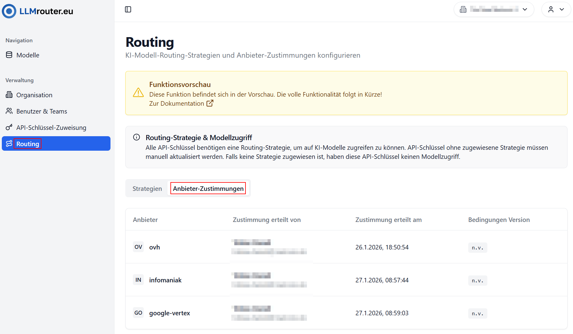 Anbieter-Zustimmungen Übersicht
