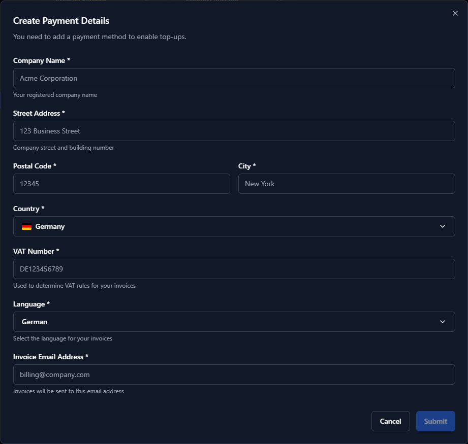 Add Billing Details Dialog
