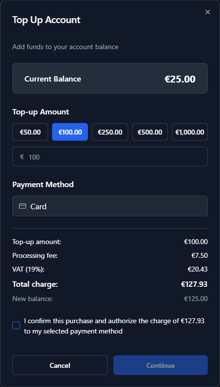 Top Up Dialog – Card Payment