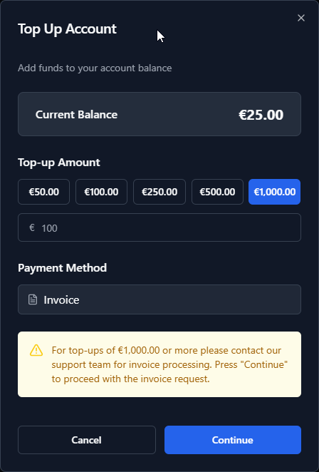 Top Up Dialog – Invoice Payment