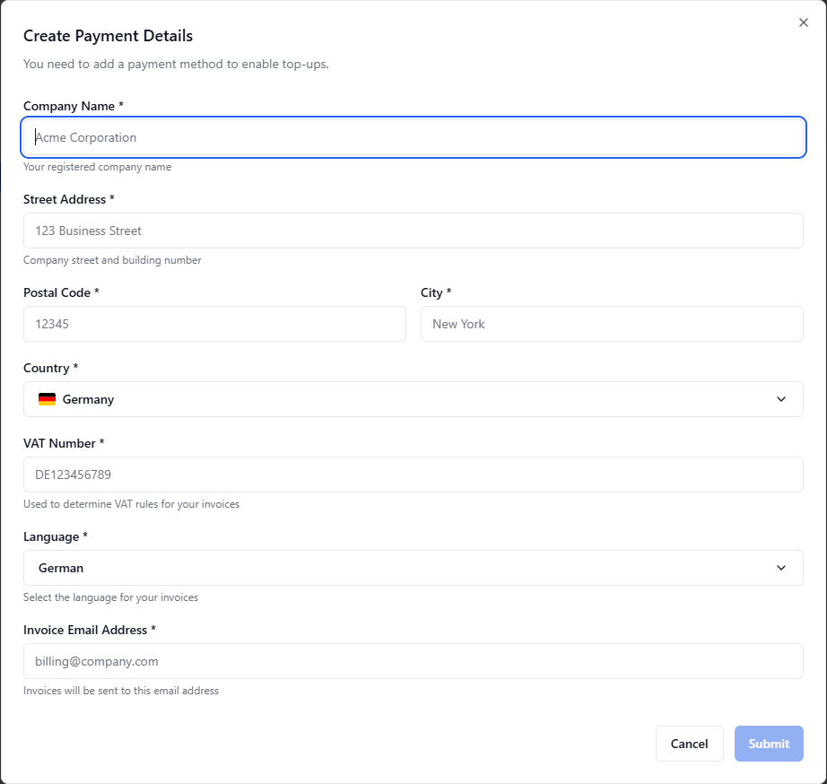 Add Billing Details Dialog