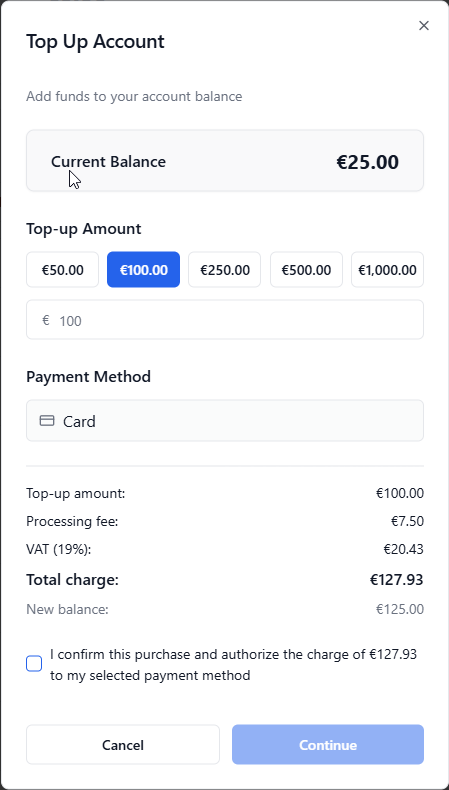 Top Up Dialog – Card Payment