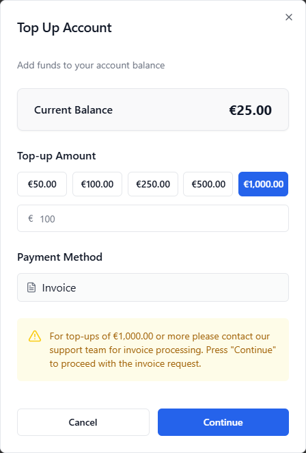 Top Up Dialog – Invoice Payment